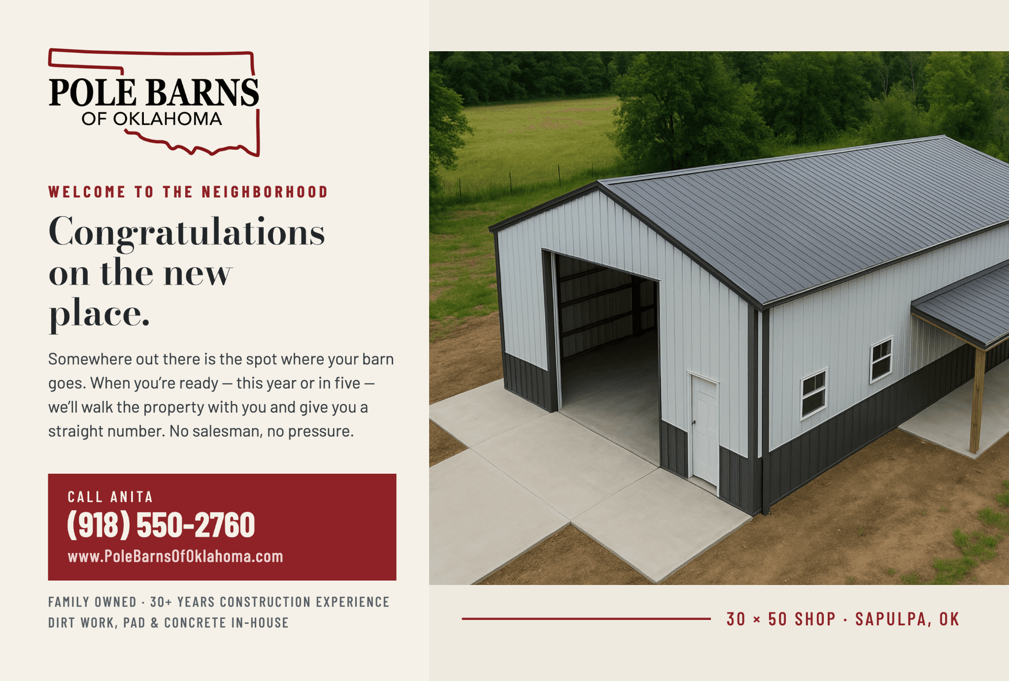 Postcard created for Pole Barns of Oklahoma welcoming a new land owner